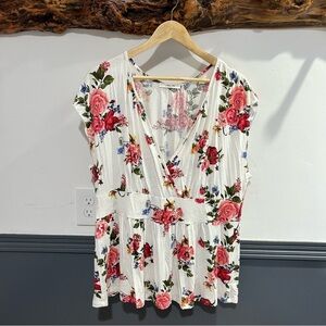 Pink and White Floral Blouse with Ruffle Details Plus Size